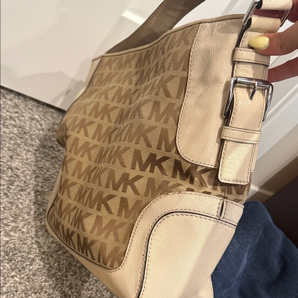 Michael Kors Brown Beige MK Logo Shoulder Bag slouchy tote purse handbag